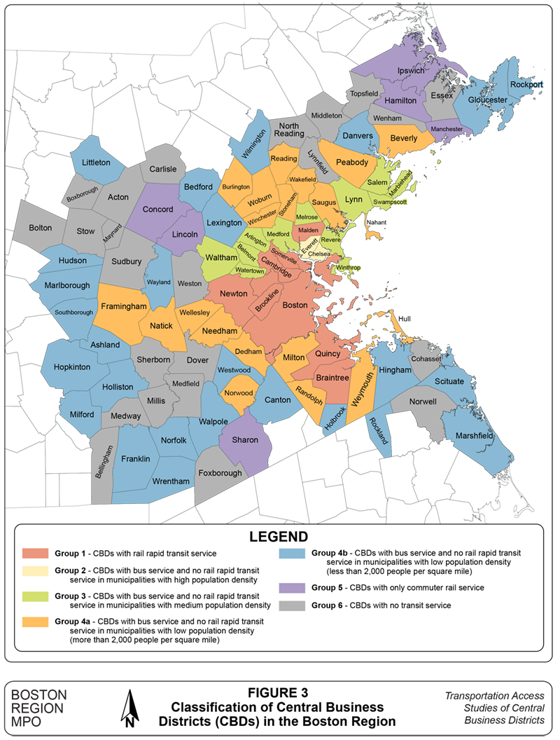 Classification of Central Business Districts in the Boston Region
This figure is a map showing the municipalities in the Boston region, categorized according to the classification of their central business district.
